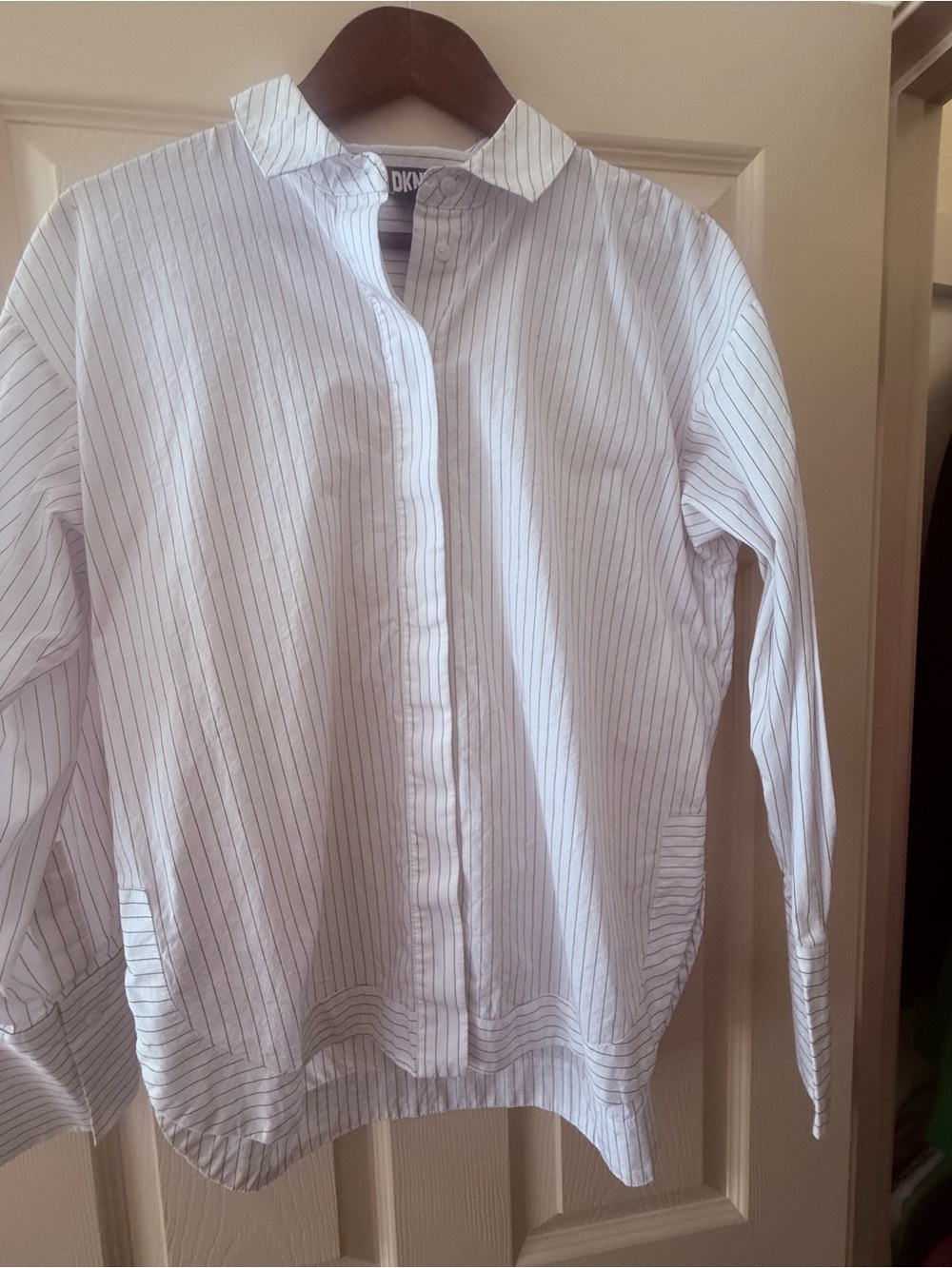 DKNY White Button-Down Shirt with Thin Gray Pinstripes